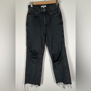 RE/DONE black distressed straight leg raw hem jeans sz 24 retro ripped